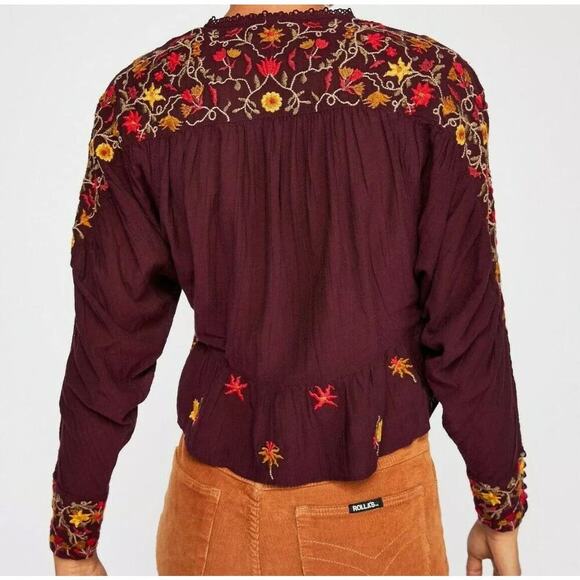 Free Poeple Women’s Ava 
Embroidered Pull Over V Neck Blouse Size Large - Picture 2 of 12